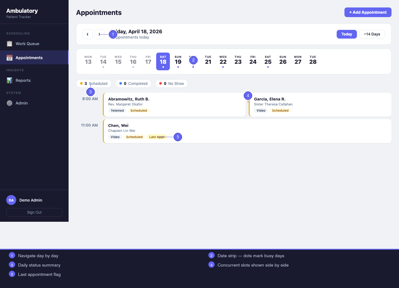 Appointments day view showing scheduled consultations