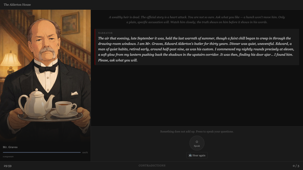 Unreliable Narrator gameplay: a butler character mid-testimony, with the narrator's atmospheric account of the evening in the conversation log